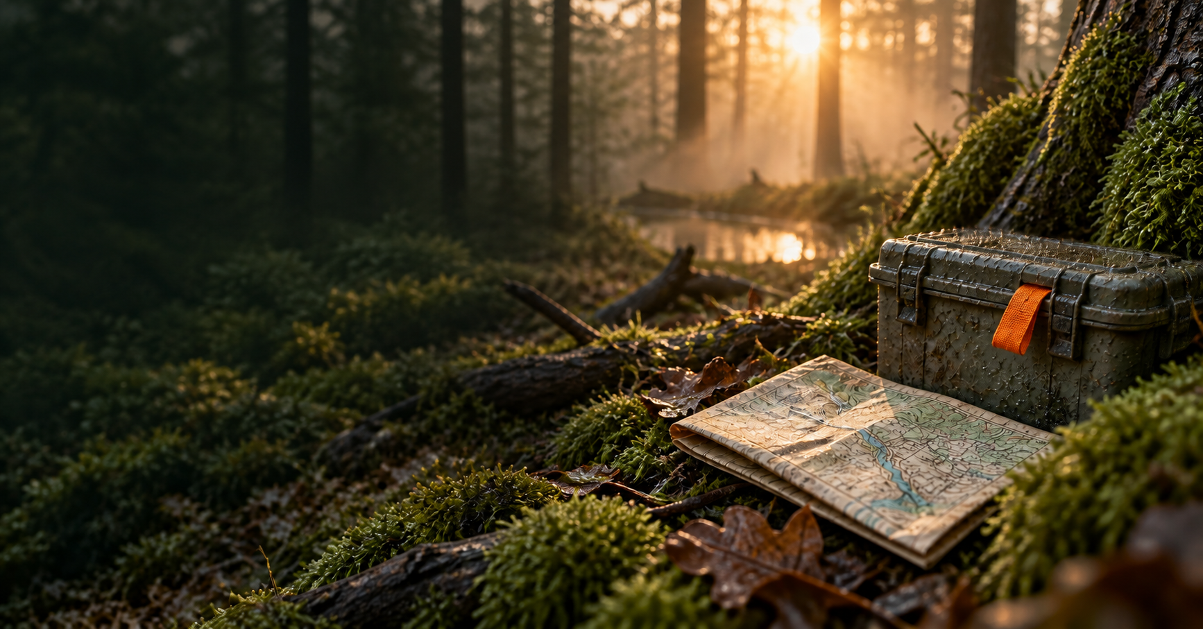 Geocache in een met mos begroeid bos